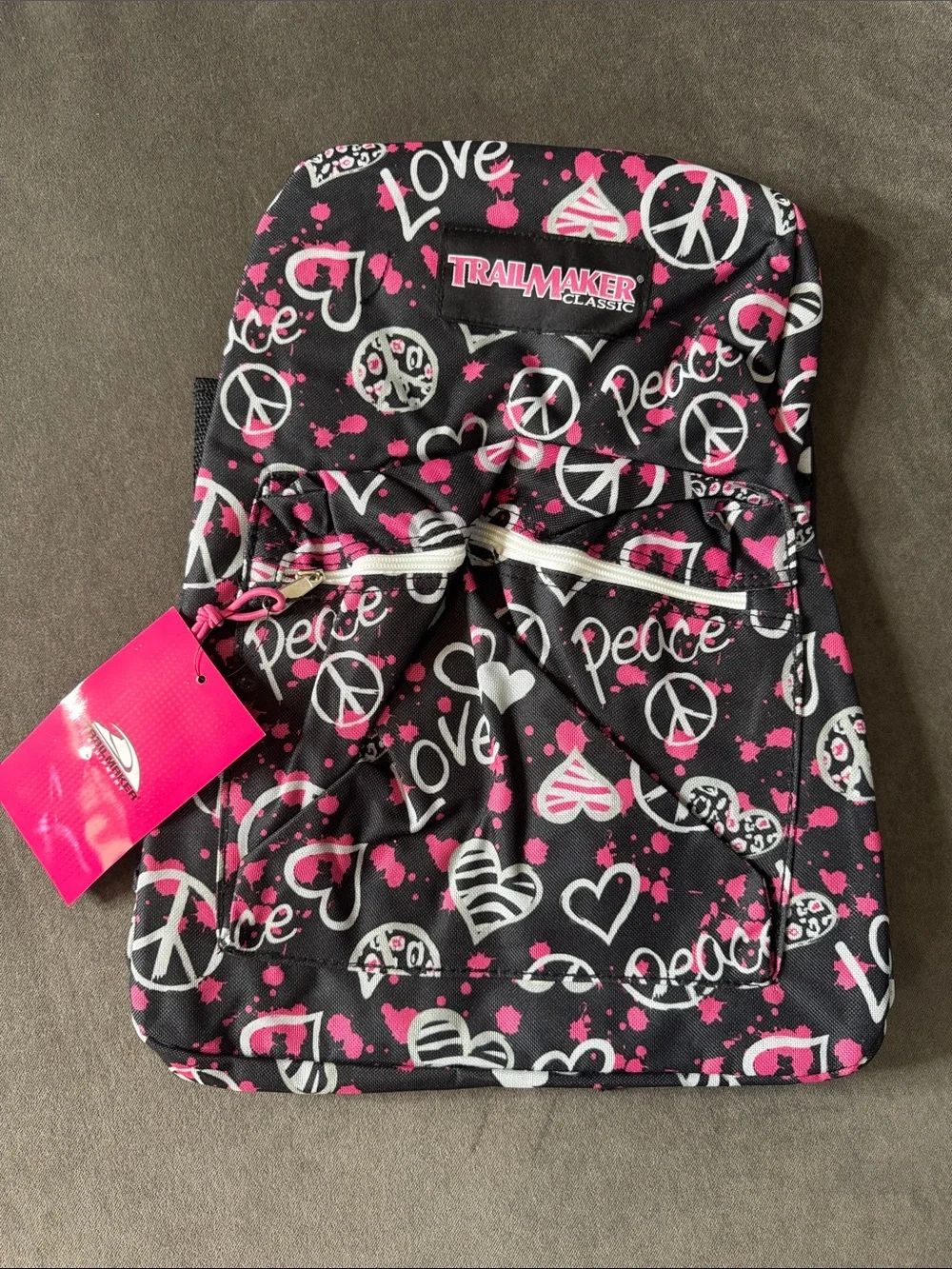 TrailMaker Classic Black Pink Peace & Love Backpack Padded Adjustable Straps NEW